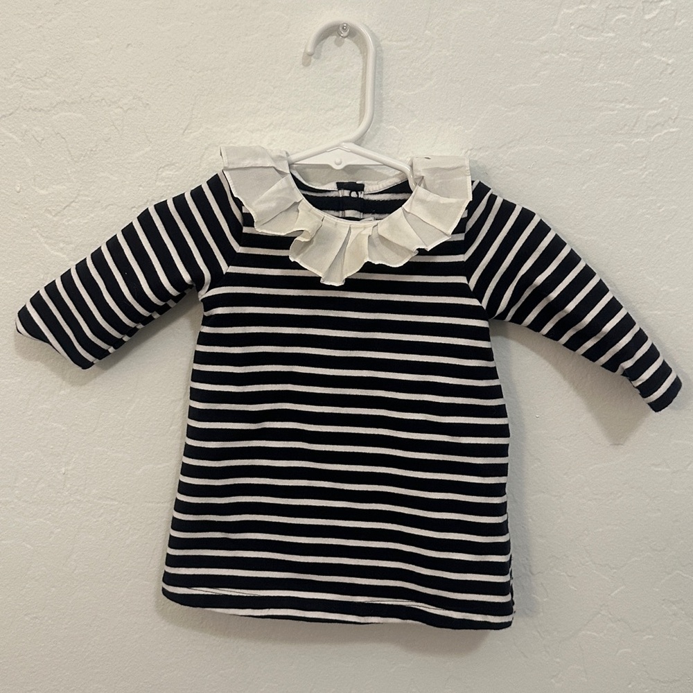 Jacadi Navy and White Striped Dress with Ruffle Collar